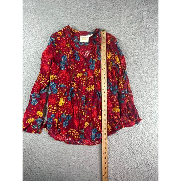 Maeve by Anthropologie Shirt Women Small Red Floral Long Sleeve V-Neck Button Up - Picture 3 of 7